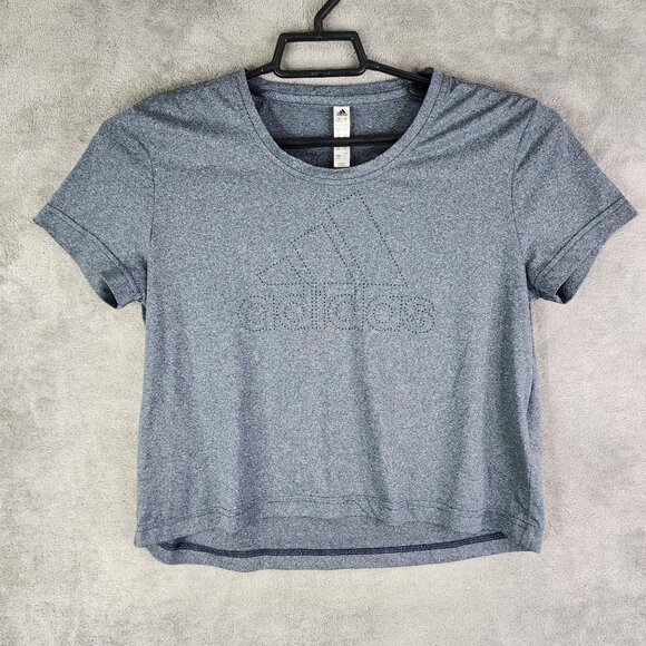 Women's Adidas Heathered Gray Crop Top Shirt Short Sleeve Crew Neck Logo S - Picture 2 of 11